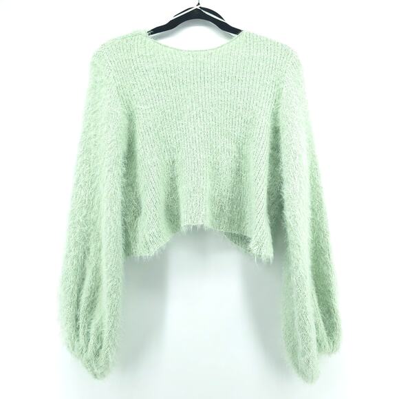Rebels&Lovers V Neck Fuzzy Twisted Crop Green Eyelash Knit Sweater BellSleeve L - Picture 9 of 13